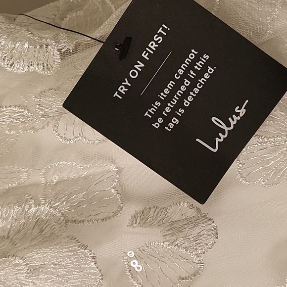 Lulu's Radiant Desires White Embroidered Sequin Mini Skater Dress. Size L - Picture 5 of 10